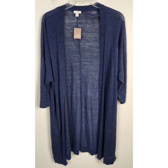 Pure Jill Women's Sz. M Navy Blue Linen Blend Long Line Open Front Cardigan NWT - Picture 1 of 6